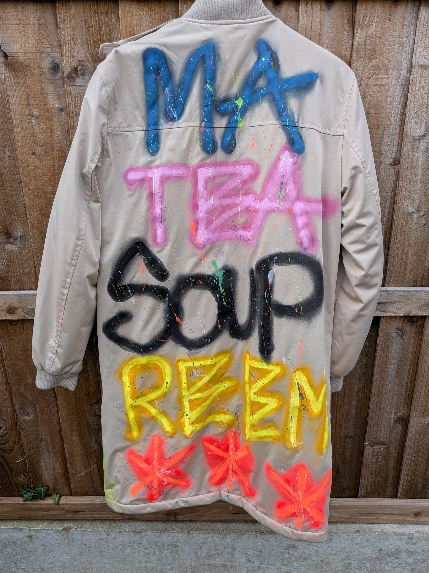False Positive by Core Sway Hand Sprayed & Painted One-Off 'Marty Supreme' Upcycled Coat